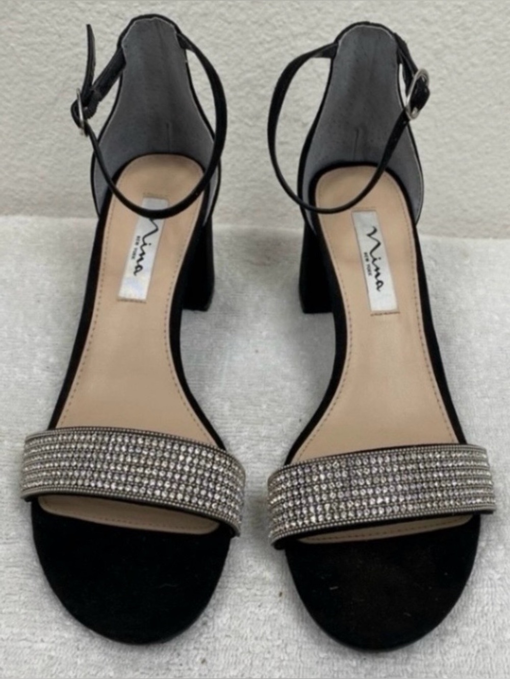 Nina Womens Black Sparkle Jewel Suede Chunky Heel Ankle Strap Sandal Heel Size 8